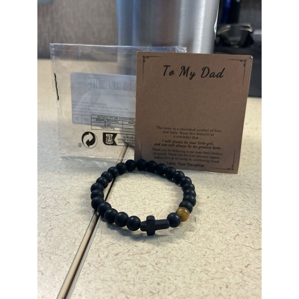 To My Dad Black Beaded Cross Bracelet Natural Stone Tiger Eye Gift Note New